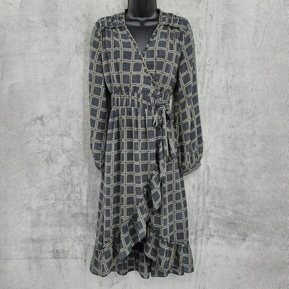 dRA Los Angeles Cicero Wrap Dress S Blue Brown Ruffled Lined Long Sleeve Retro - Picture 14 of 15
